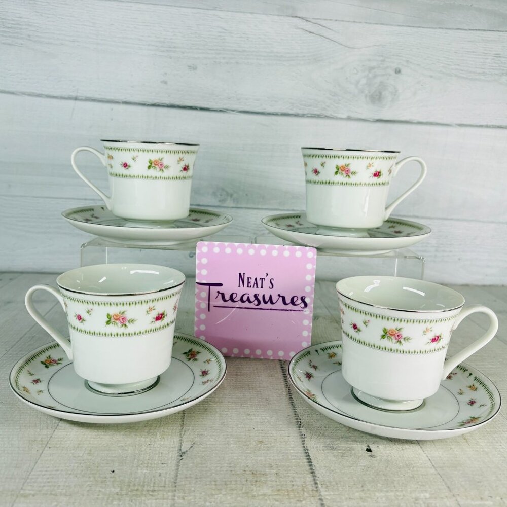 ABINGDON By Japan Pink Orange Floral Fine Porcelain China Cups & Saucers Set 4